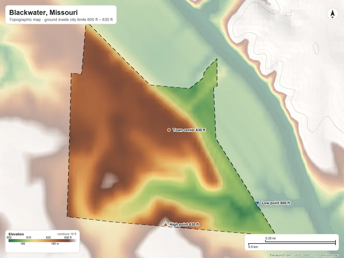Topographic elevation map of Blackwater, Missouri, shaded from 600 ft on the southeast side to 630 ft on the south side