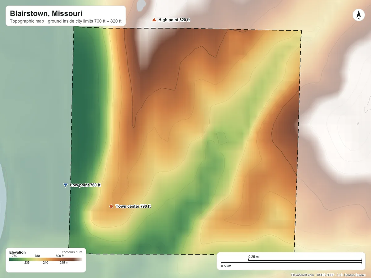 Topographic elevation map of Blairstown, Missouri, shaded from 760 ft on the northwest side to 820 ft on the north side