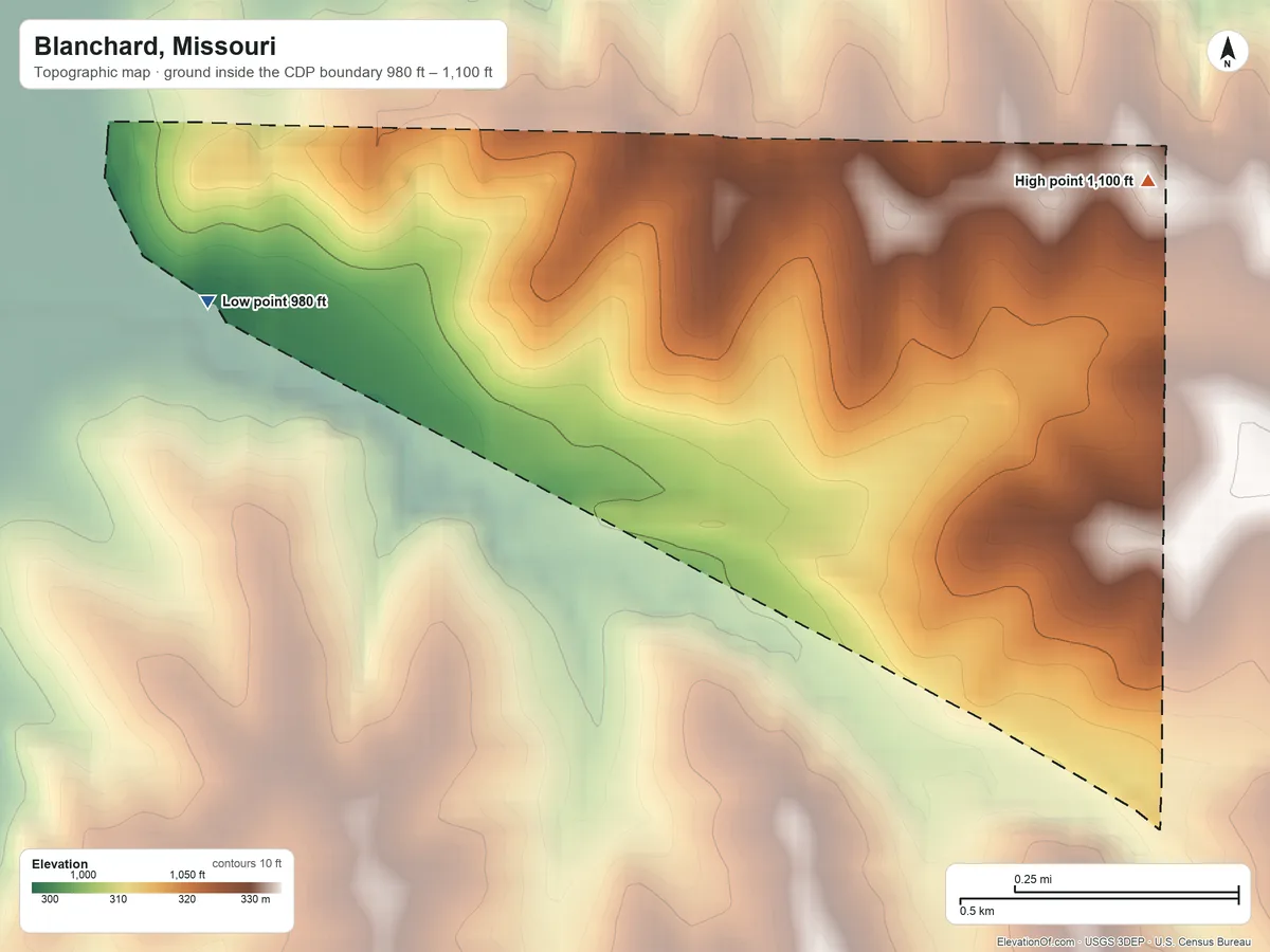 Topographic elevation map of Blanchard, Missouri, shaded from 980 ft on the southwest side to 1,100 ft on the east side