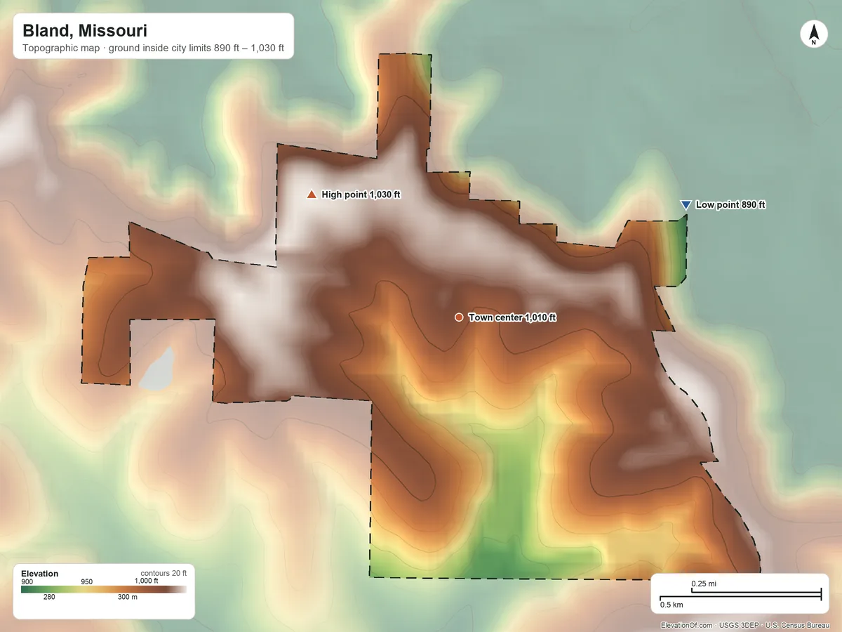Topographic elevation map of Bland, Missouri, shaded from 890 ft on the northeast side to 1,030 ft on the northwest side