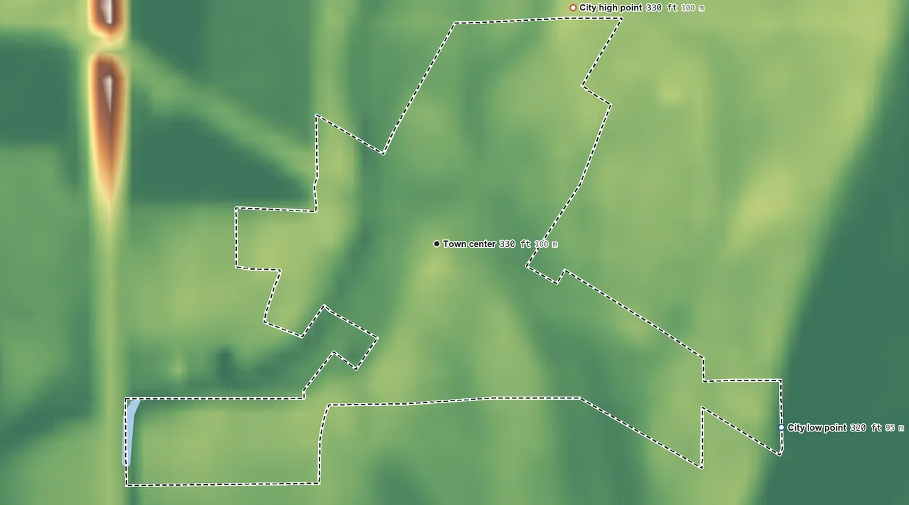 Topographic elevation map of Blodgett, Missouri, shaded from 320 ft on the southeast side to 330 ft on the northeast side