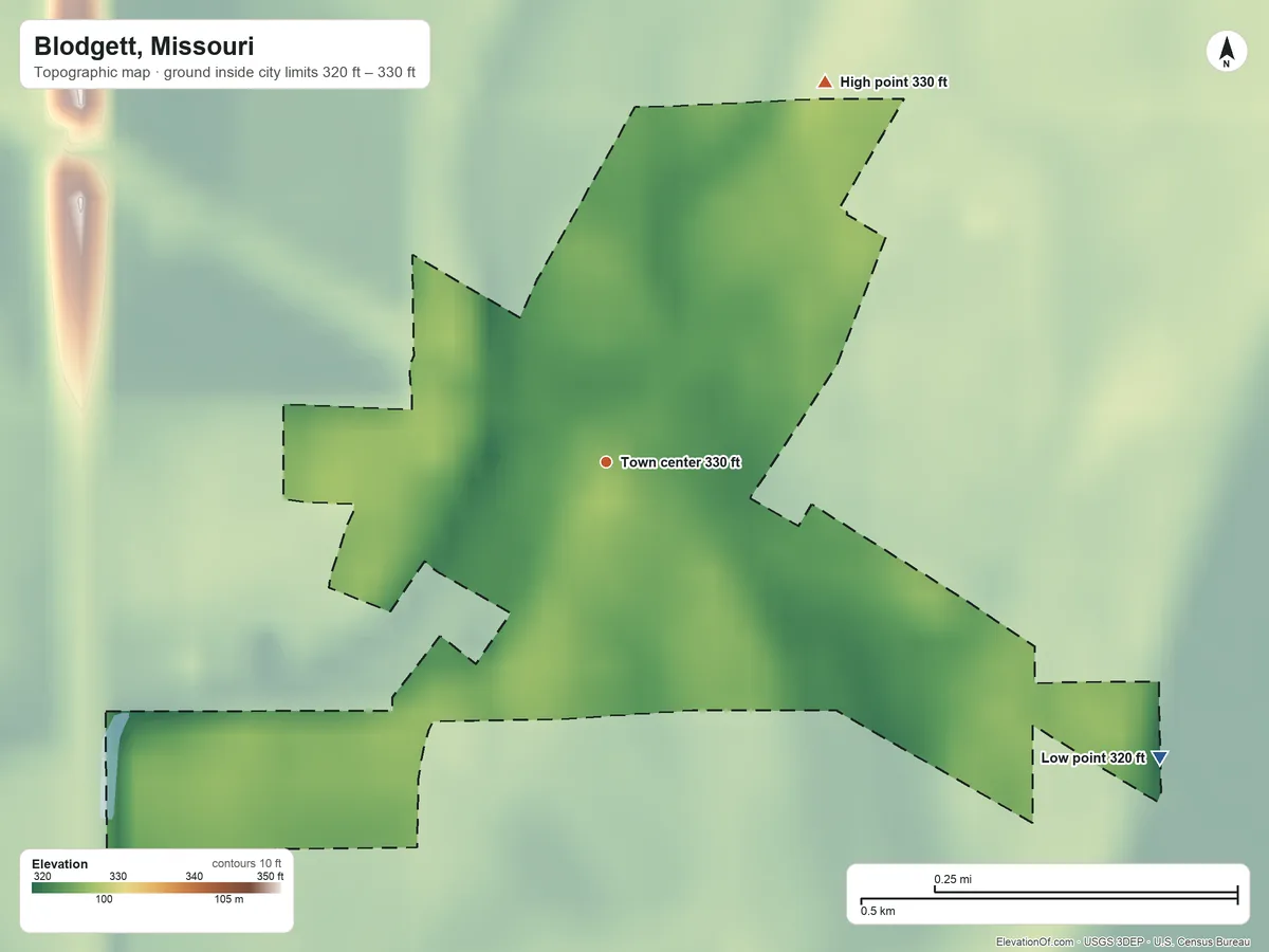 Topographic elevation map of Blodgett, Missouri, shaded from 320 ft on the southeast side to 330 ft on the northeast side