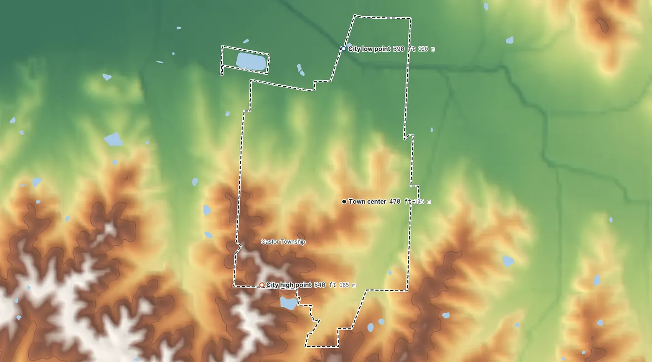 Topographic elevation map of Bloomfield, Missouri, shaded from 390 ft on the north side to 540 ft on the southwest side