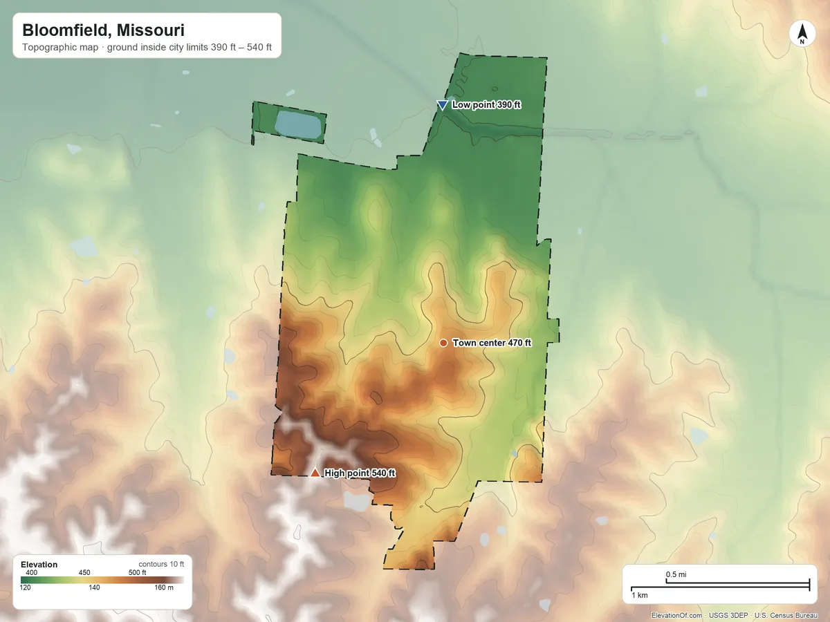 Topographic elevation map of Bloomfield, Missouri, shaded from 390 ft on the north side to 540 ft on the southwest side