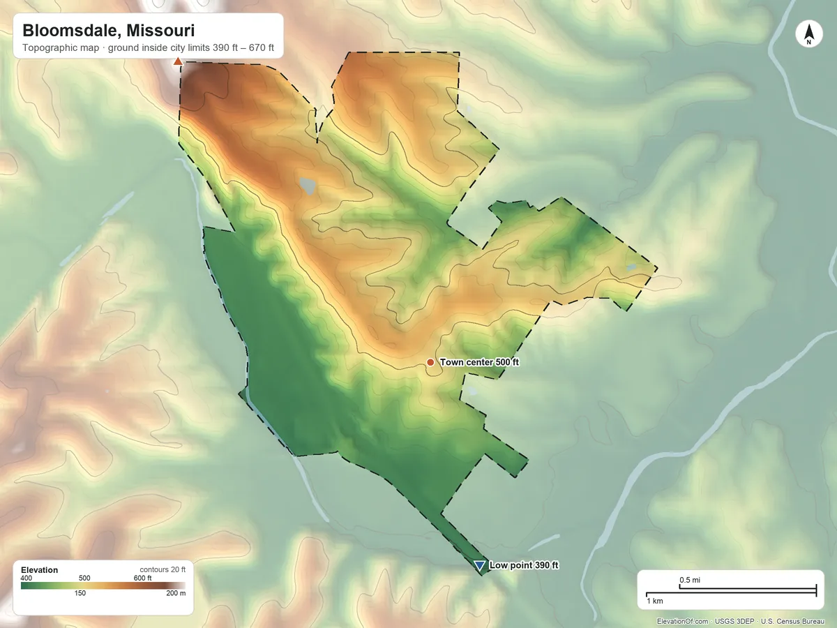 Topographic elevation map of Bloomsdale, Missouri, shaded from 390 ft on the south side to 670 ft on the northwest side
