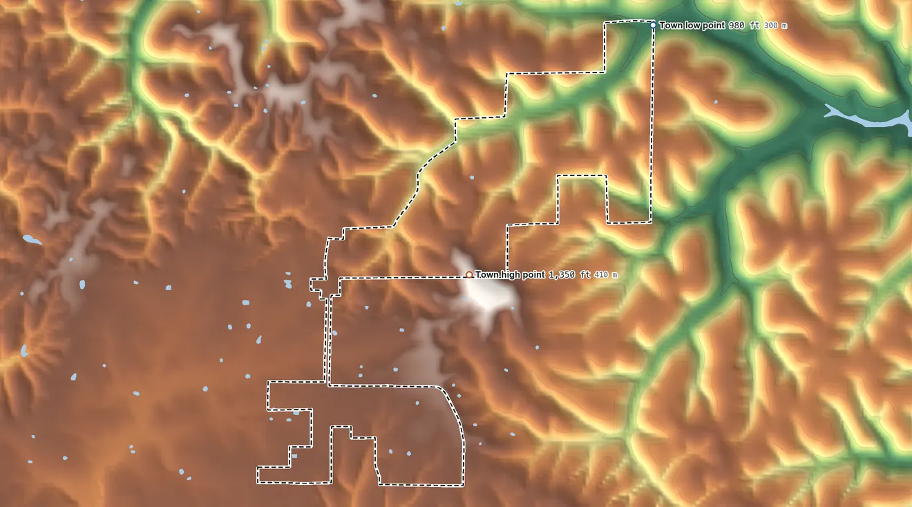 Topographic elevation map of Blue Eye, Missouri, shaded from 980 ft on the northeast side to 1,350 ft on the southwest side
