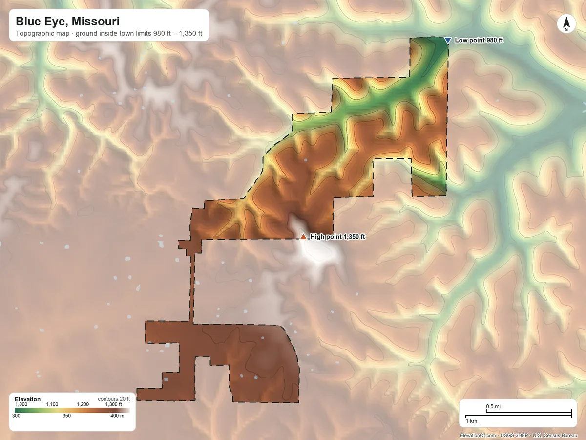 Topographic elevation map of Blue Eye, Missouri, shaded from 980 ft on the northeast side to 1,350 ft on the southwest side