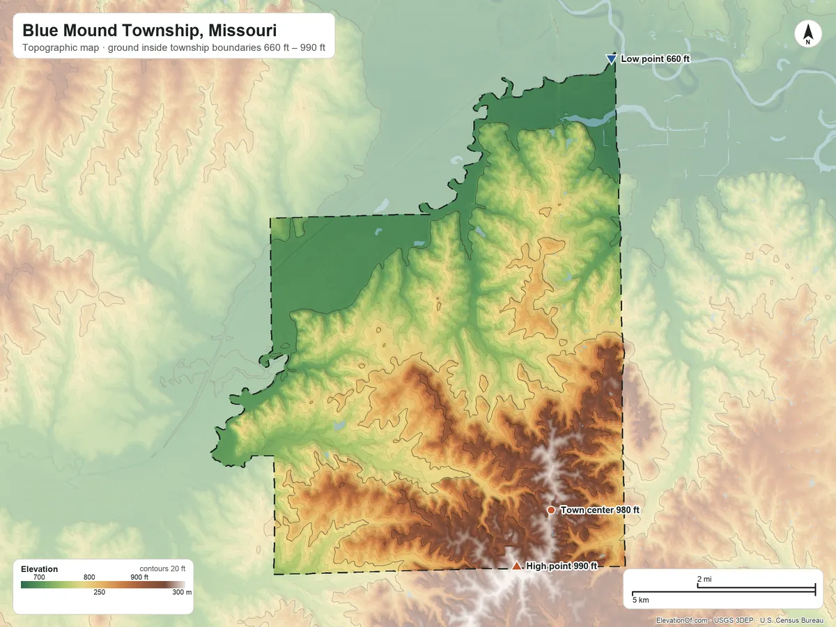Topographic elevation map of Blue Mound Township, Missouri, shaded from 660 ft on the north side to 990 ft near the middle