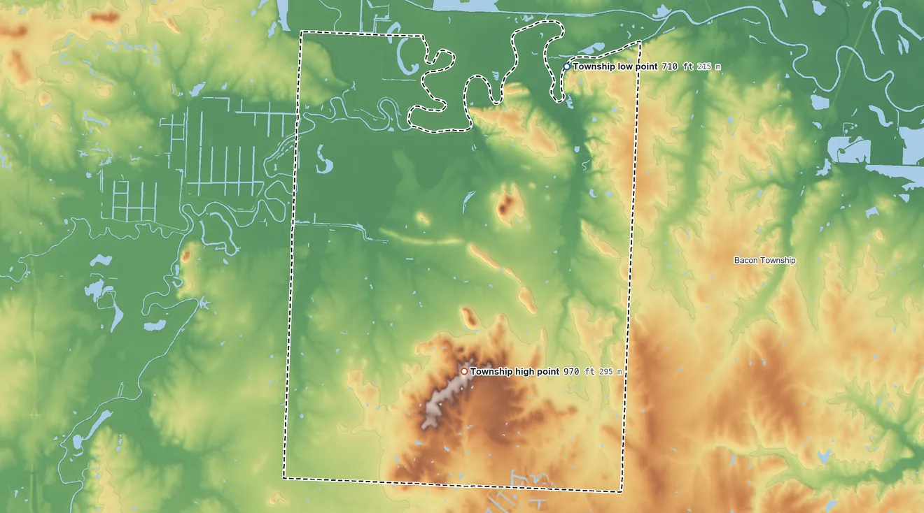 Topographic elevation map of Blue Mound Township, Vernon County, Missouri, shaded from 710 ft on the north side to 970 ft on the south side