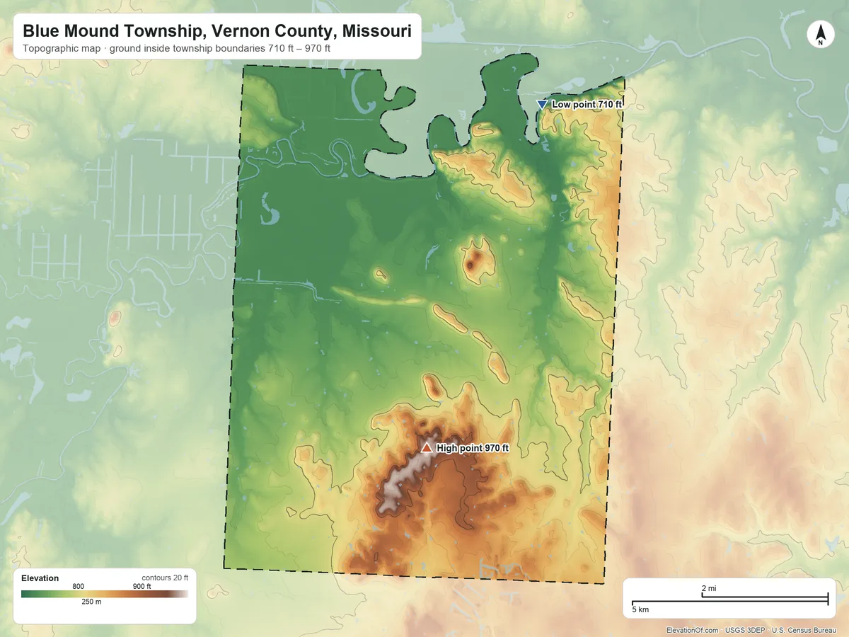 Topographic elevation map of Blue Mound Township, Vernon County, Missouri, shaded from 710 ft on the north side to 970 ft on the south side