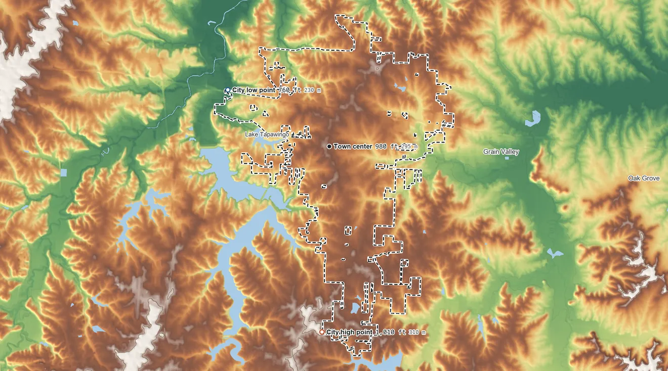 Topographic elevation map of Blue Springs, Missouri, shaded from 760 ft on the northwest side to 1,010 ft on the south side