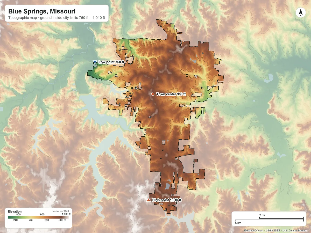 Topographic elevation map of Blue Springs, Missouri, shaded from 760 ft on the northwest side to 1,010 ft on the south side