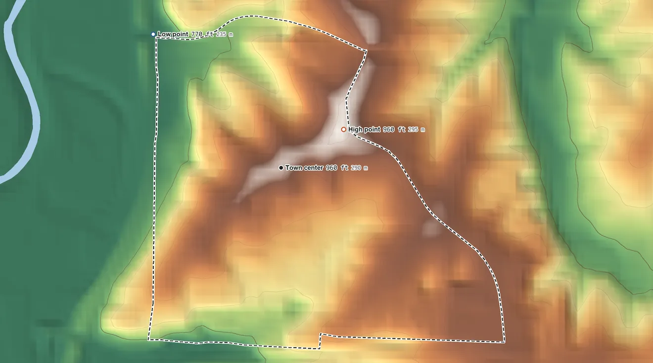 Topographic elevation map of Blue Summit, Missouri, shaded from 770 ft on the northwest side to 960 ft on the northeast side