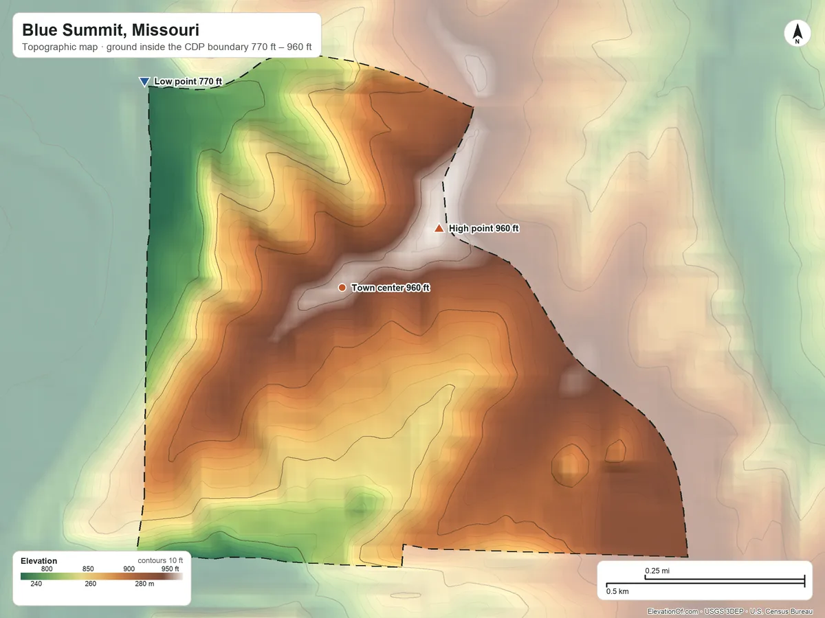 Topographic elevation map of Blue Summit, Missouri, shaded from 770 ft on the northwest side to 960 ft on the northeast side