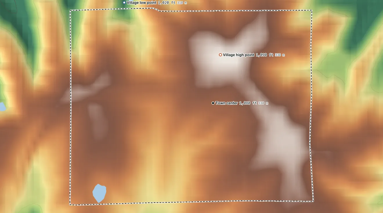 Topographic elevation map of Blythedale, Missouri, shaded from 1,020 ft on the northwest side to 1,090 ft on the north side