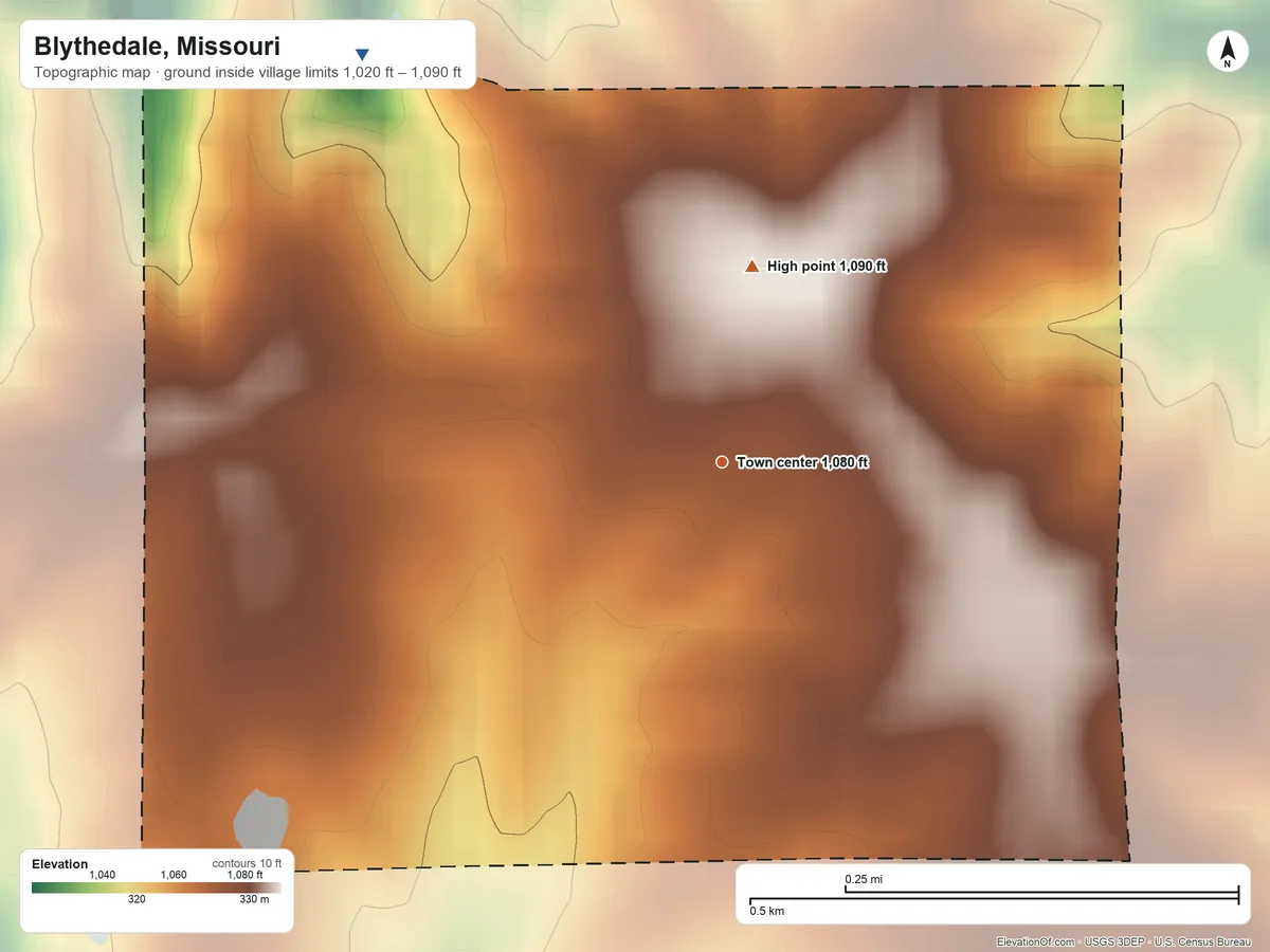 Topographic elevation map of Blythedale, Missouri, shaded from 1,020 ft on the northwest side to 1,090 ft on the north side