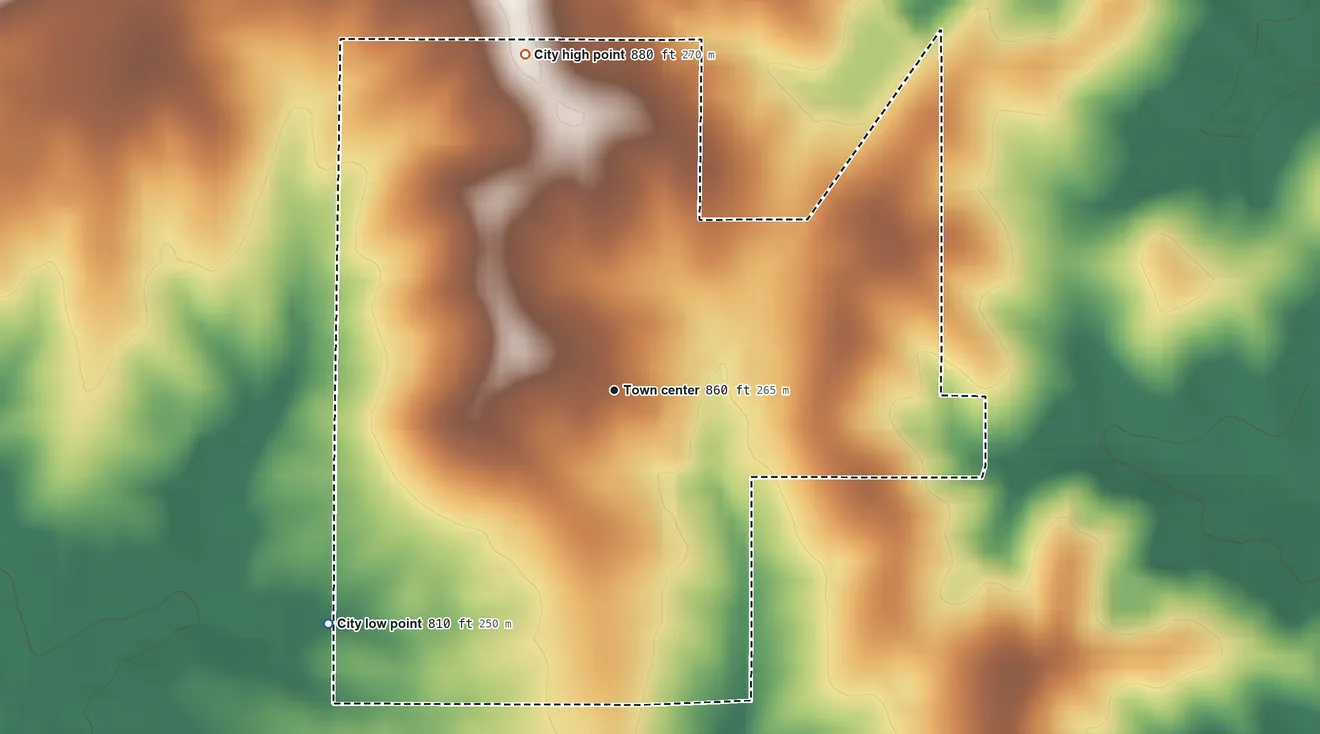 Topographic elevation map of Bogard, Missouri, shaded from 810 ft on the southwest side to 880 ft on the north side
