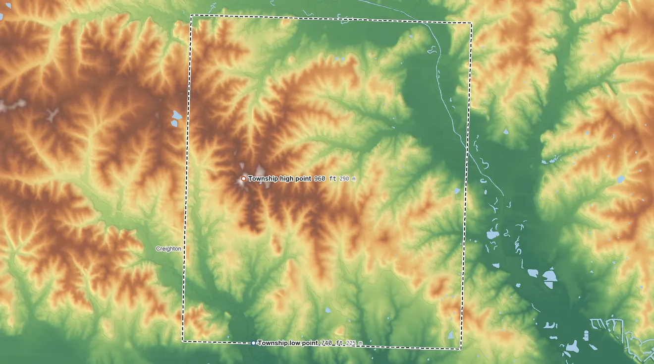 Topographic elevation map of Bogard Township, Missouri, shaded from 740 ft on the south side to 960 ft on the west side