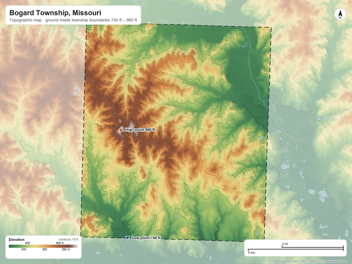 Topographic elevation map of Bogard Township, Missouri, shaded from 740 ft on the south side to 960 ft on the west side