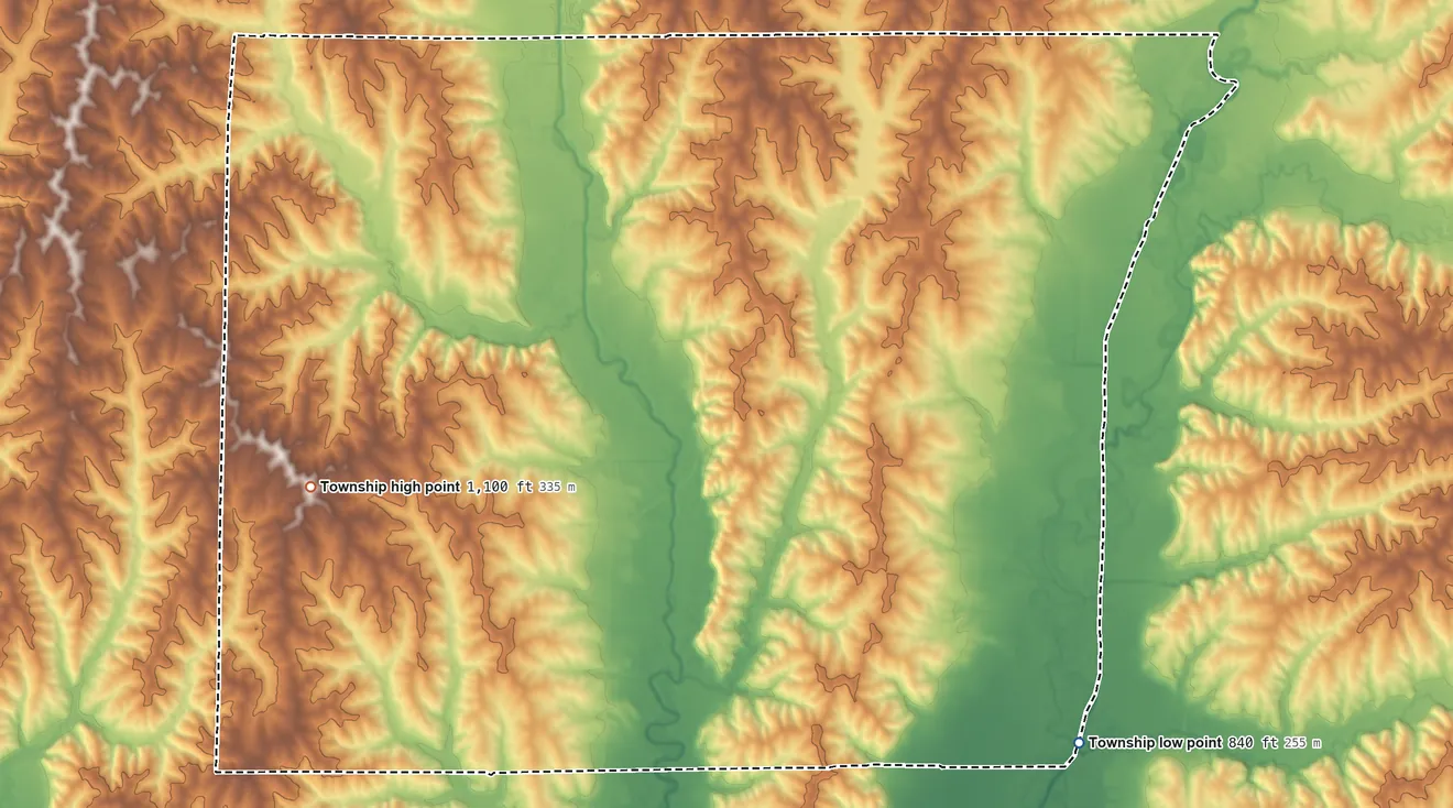 Topographic elevation map of Bogle Township, Missouri, shaded from 840 ft on the southeast side to 1,100 ft on the west side