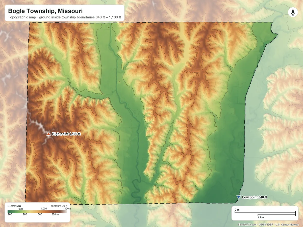 Topographic elevation map of Bogle Township, Missouri, shaded from 840 ft on the southeast side to 1,100 ft on the west side