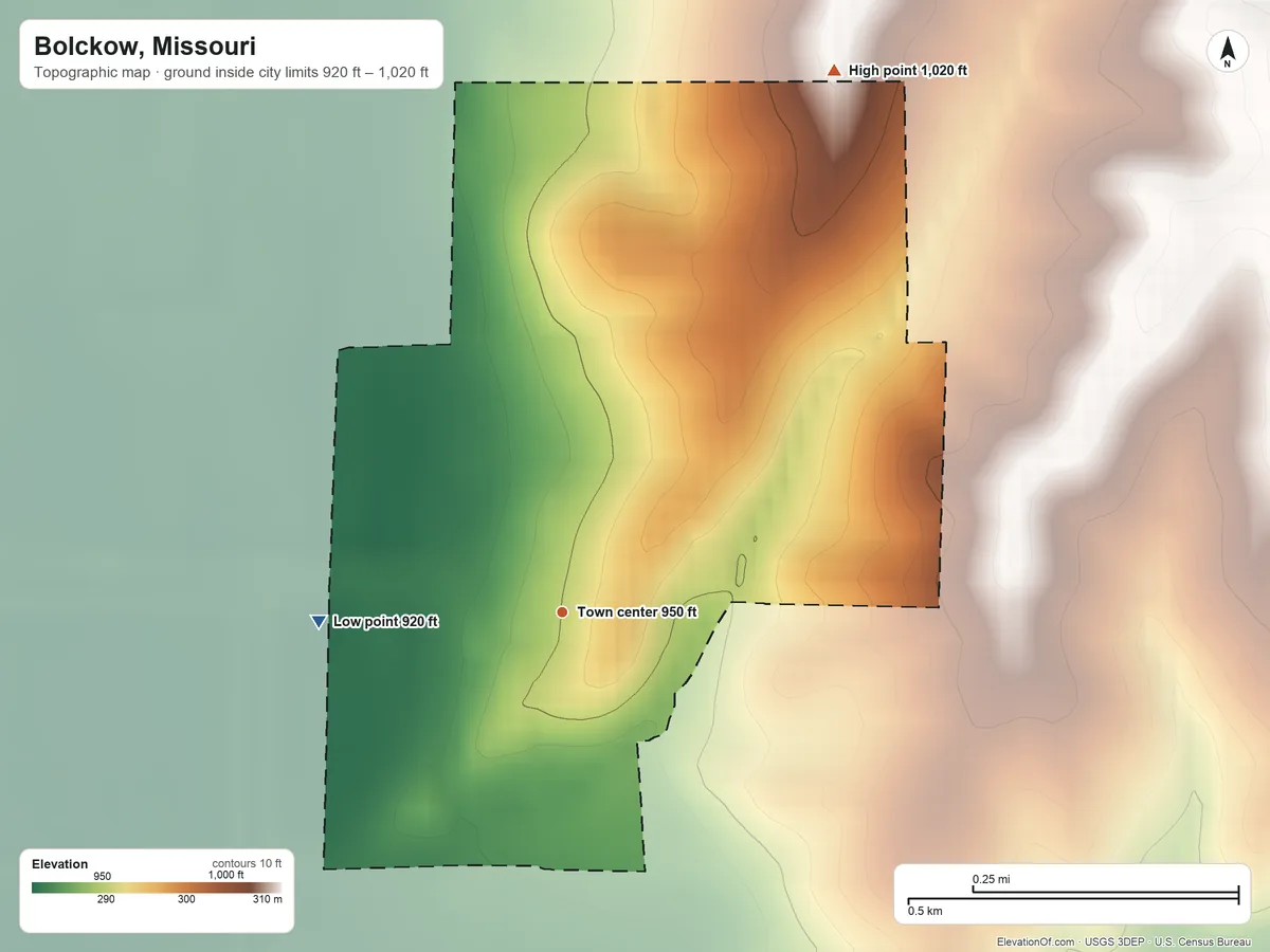 Topographic elevation map of Bolckow, Missouri, shaded from 920 ft on the west side to 1,020 ft on the northeast side