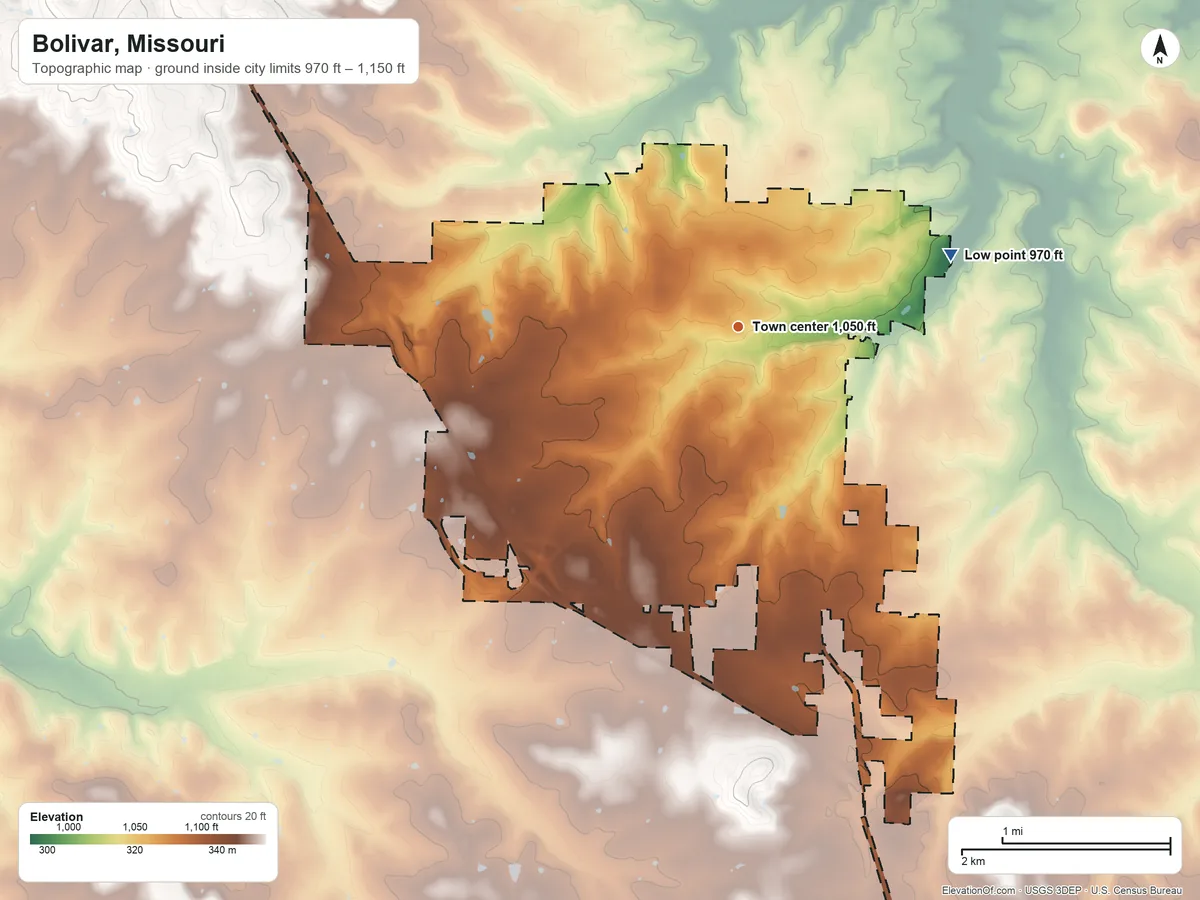 Topographic elevation map of Bolivar, Missouri, shaded from 970 ft on the east side to 1,150 ft on the south side