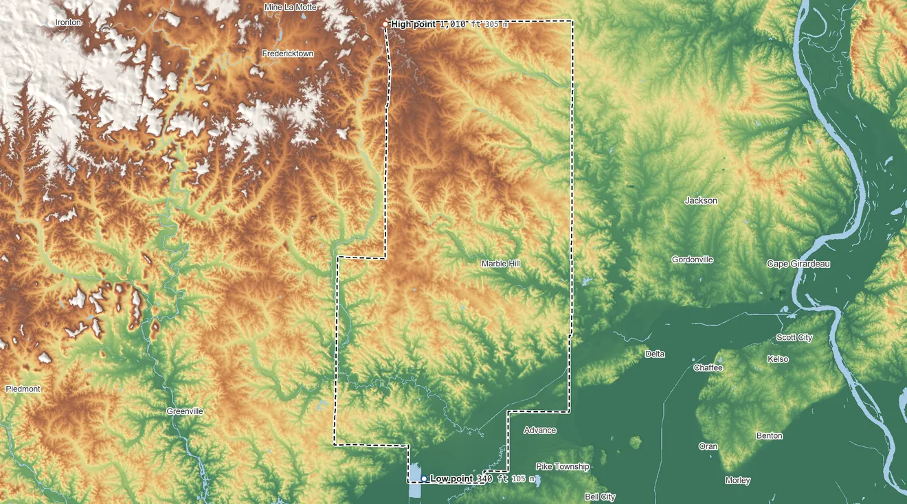 Topographic elevation map of Bollinger County, Missouri, shaded from 340 ft on the south side to 1,010 ft on the north side