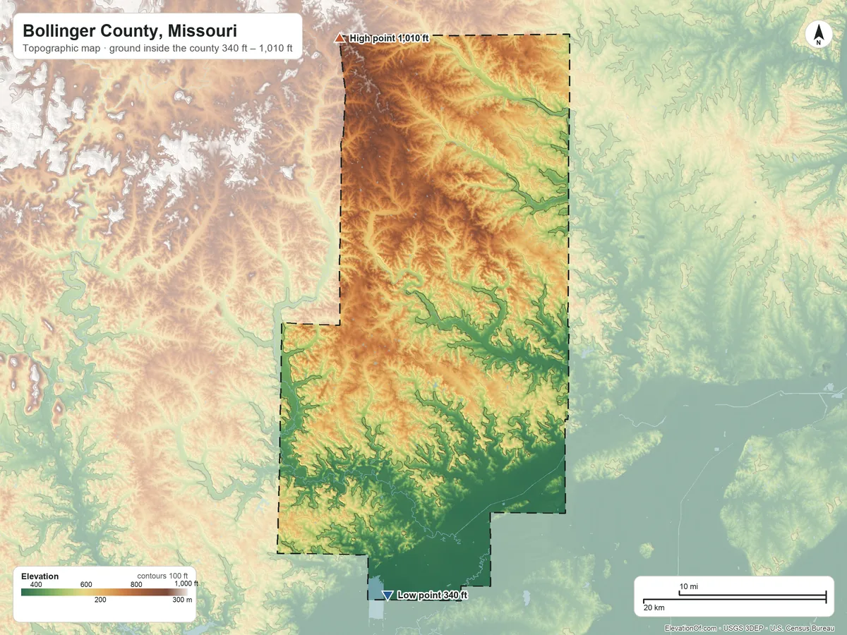 Topographic elevation map of Bollinger County, Missouri, shaded from 340 ft on the south side to 1,010 ft on the north side