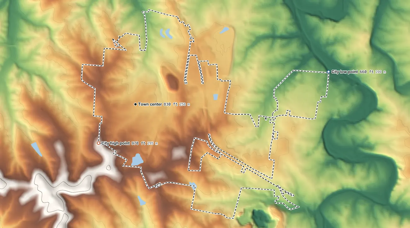 Topographic elevation map of Bonne Terre, Missouri, shaded from 660 ft on the east side to 970 ft on the southwest side
