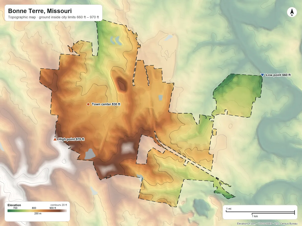 Topographic elevation map of Bonne Terre, Missouri, shaded from 660 ft on the east side to 970 ft on the southwest side