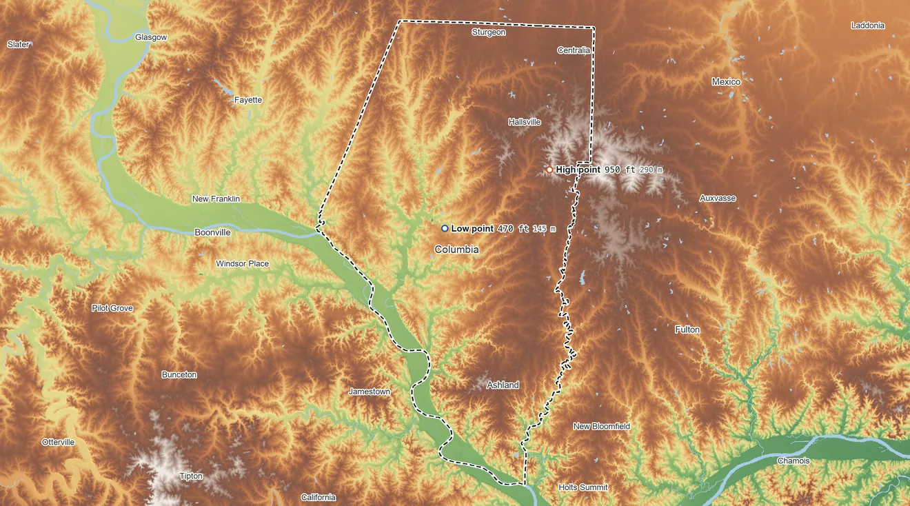 Topographic elevation map of Boone County, Missouri, shaded from 470 ft near the middle to 950 ft on the northeast side