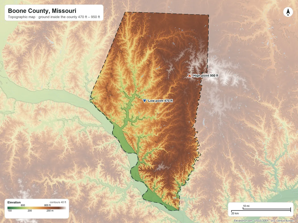 Topographic elevation map of Boone County, Missouri, shaded from 470 ft near the middle to 950 ft on the northeast side