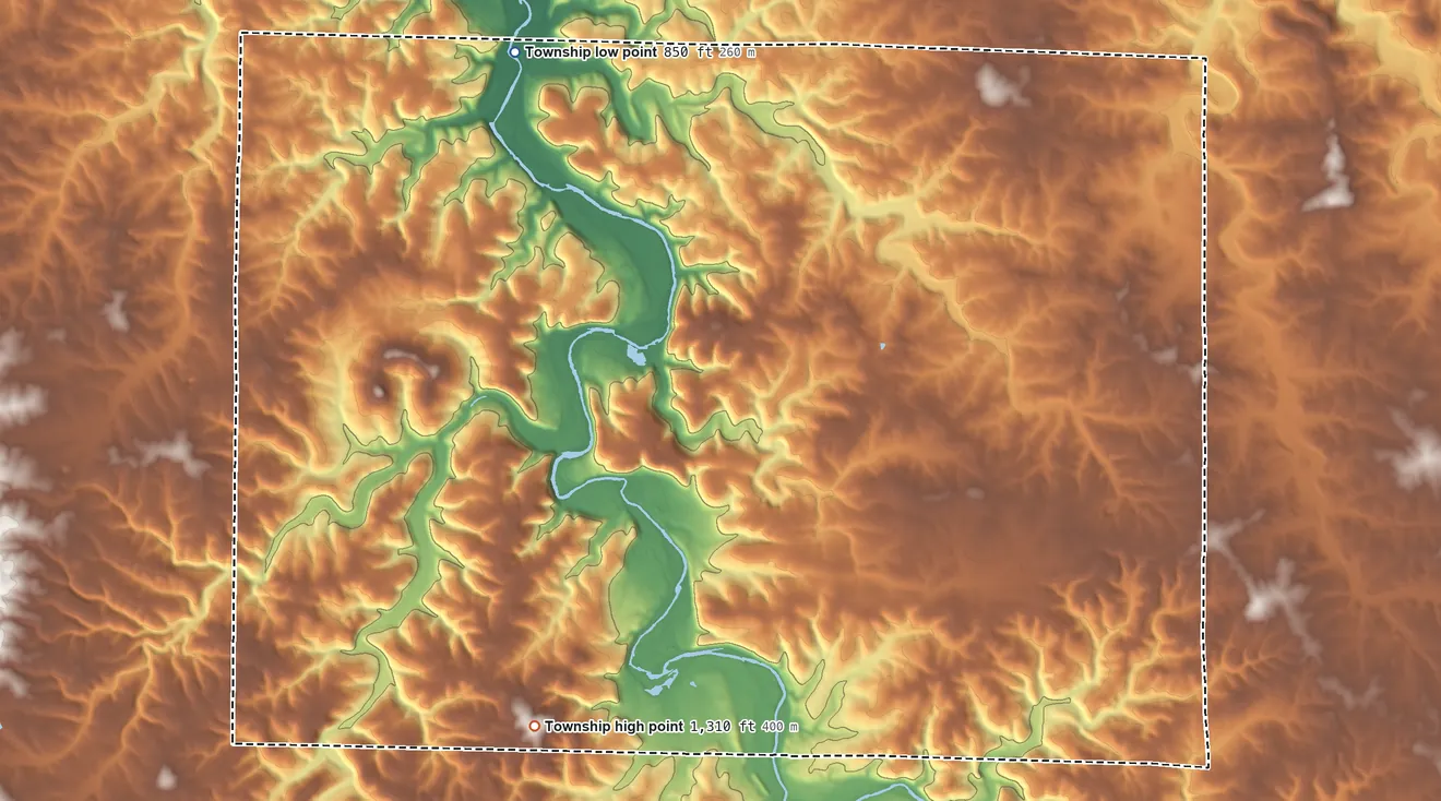 Topographic elevation map of Boone Township, Missouri, shaded from 850 ft on the northwest side to 1,310 ft on the southwest side