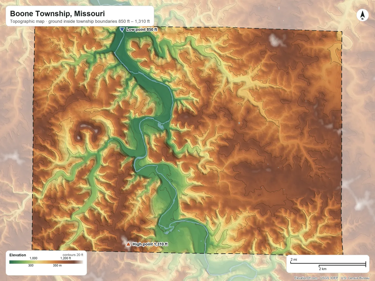 Topographic elevation map of Boone Township, Missouri, shaded from 850 ft on the northwest side to 1,310 ft on the southwest side