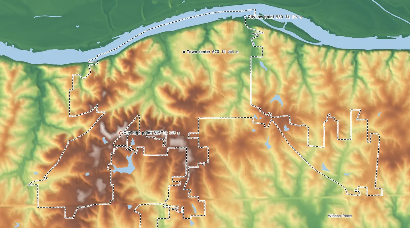 Topographic elevation map of Boonville, Missouri, shaded from 580 ft on the northeast side to 810 ft on the southwest side