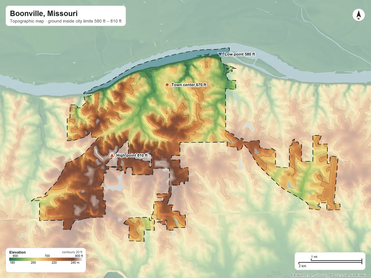 Topographic elevation map of Boonville, Missouri, shaded from 580 ft on the northeast side to 810 ft on the southwest side