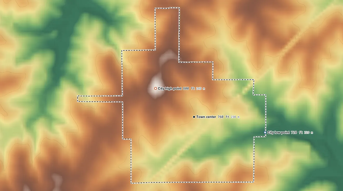 Topographic elevation map of Bosworth, Missouri, shaded from 720 ft on the east side to 800 ft on the northwest side