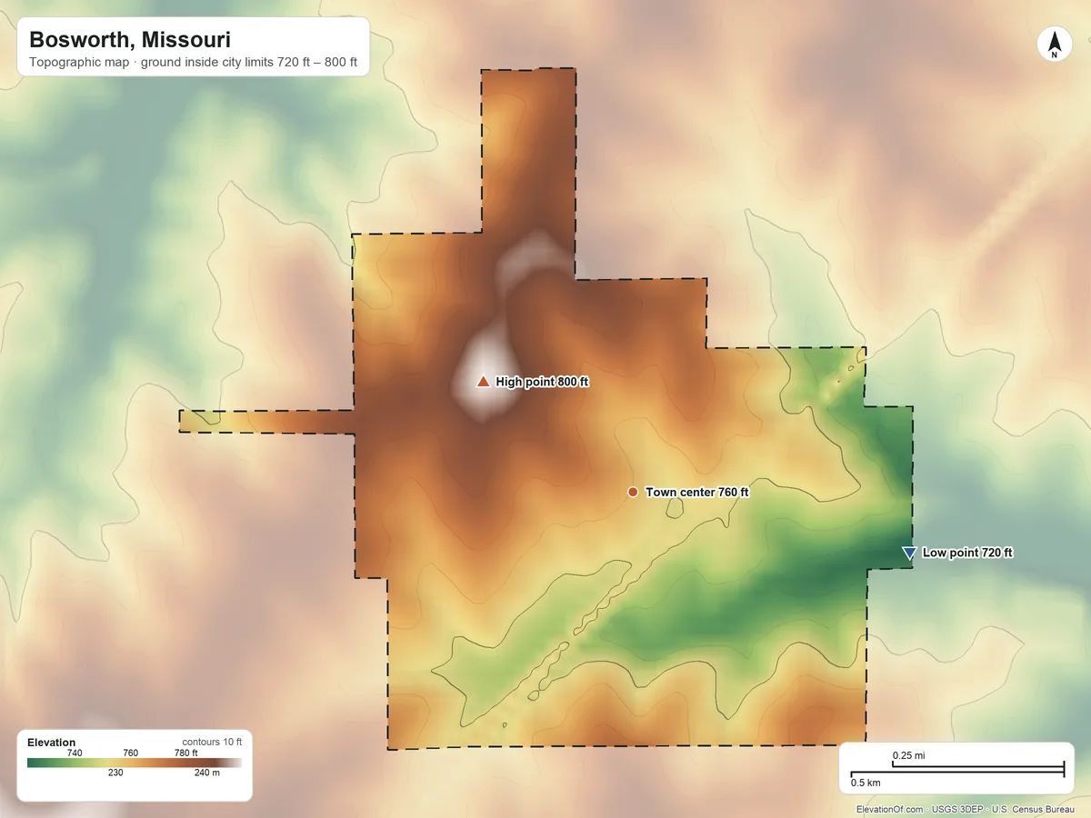 Topographic elevation map of Bosworth, Missouri, shaded from 720 ft on the east side to 800 ft on the northwest side