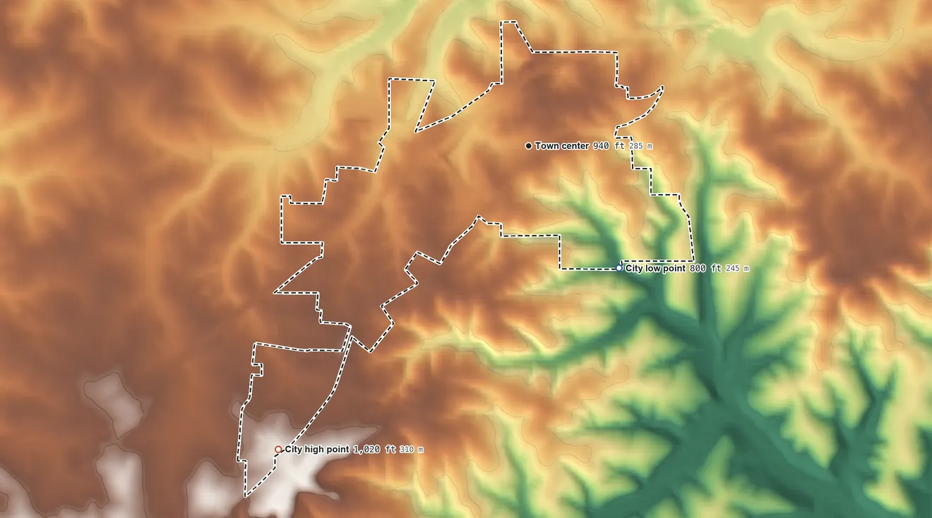 Topographic elevation map of Bourbon, Missouri, shaded from 800 ft on the southeast side to 1,020 ft on the southwest side