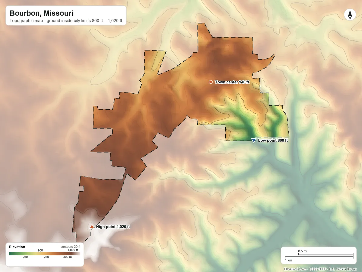 Topographic elevation map of Bourbon, Missouri, shaded from 800 ft on the southeast side to 1,020 ft on the southwest side