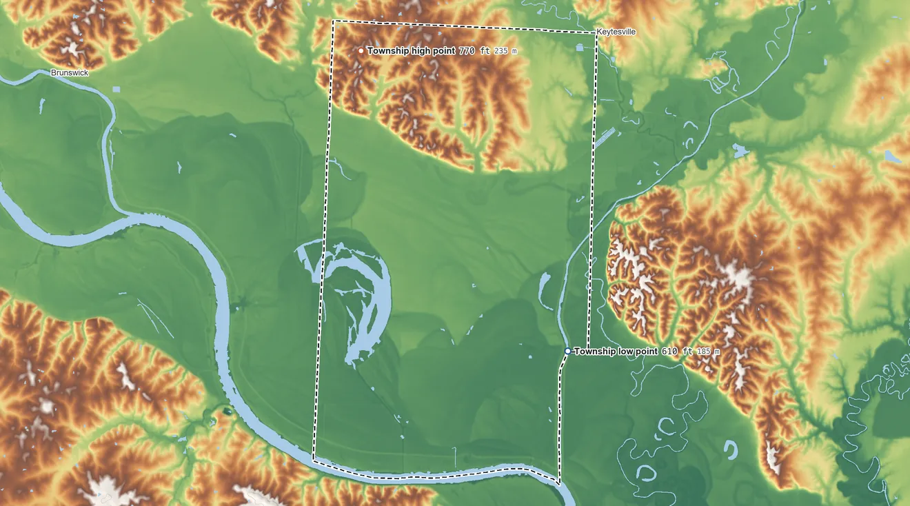 Topographic elevation map of Bowling Green Township, Missouri, shaded from 610 ft on the southeast side to 770 ft on the northwest side
