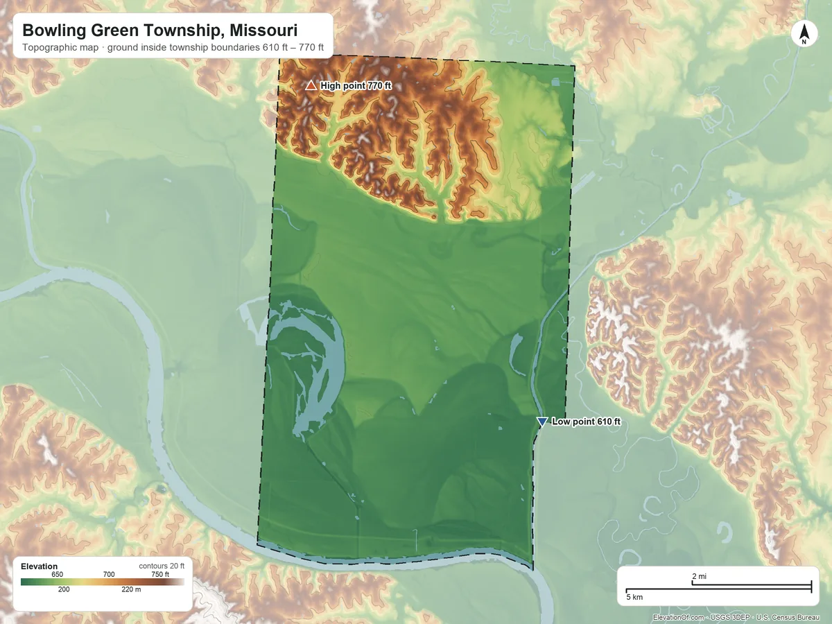 Topographic elevation map of Bowling Green Township, Missouri, shaded from 610 ft on the southeast side to 770 ft on the northwest side