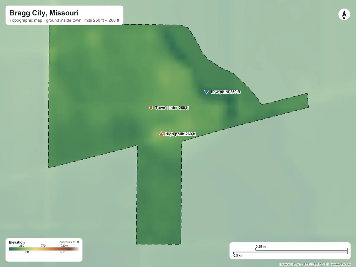 Topographic elevation map of Bragg City, Missouri, shaded from 250 ft on the east side to 260 ft near the middle