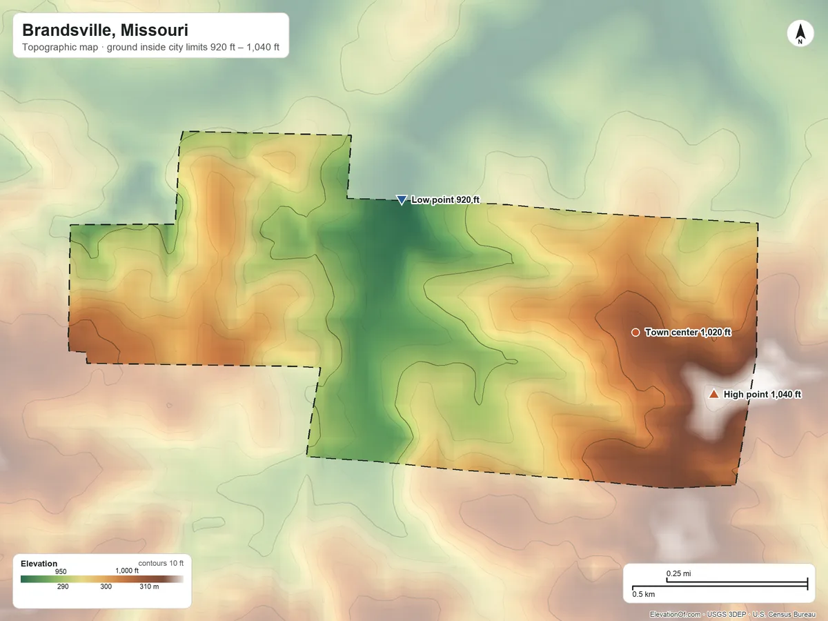 Topographic elevation map of Brandsville, Missouri, shaded from 920 ft on the northwest side to 1,040 ft on the southeast side