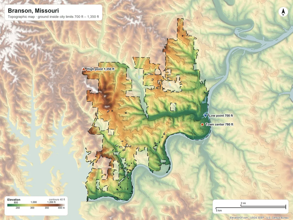 Topographic elevation map of Branson, Missouri, shaded from 700 ft near the middle to 1,350 ft on the northwest side