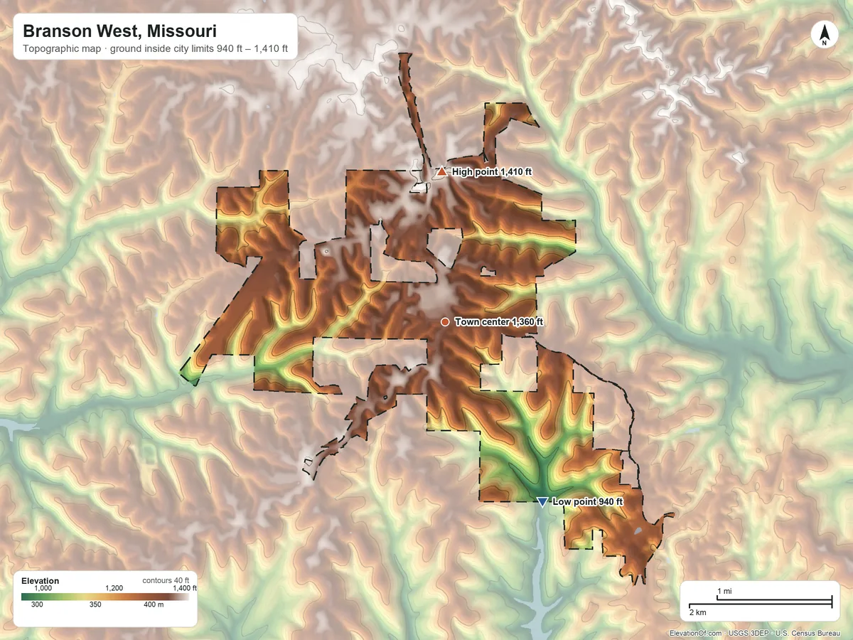 Topographic elevation map of Branson West, Missouri, shaded from 940 ft on the southeast side to 1,410 ft on the north side