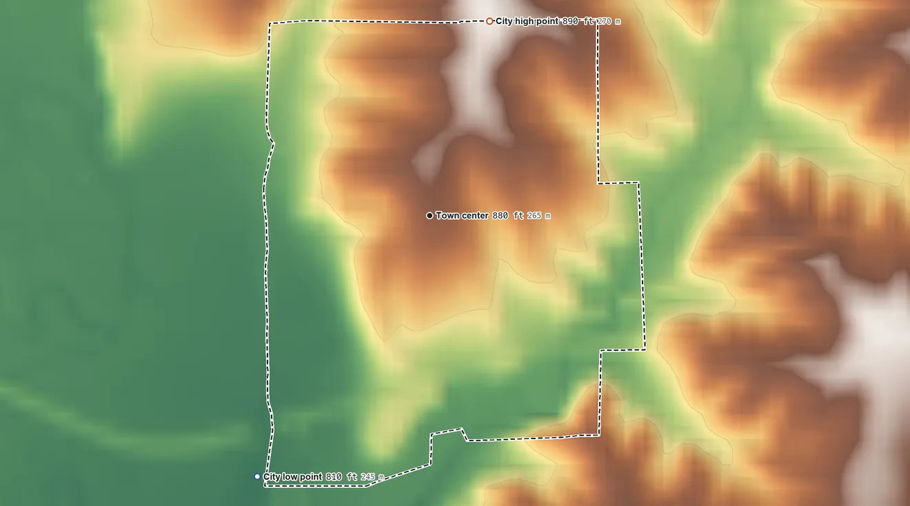 Topographic elevation map of Brashear, Missouri, shaded from 810 ft on the southwest side to 890 ft on the north side