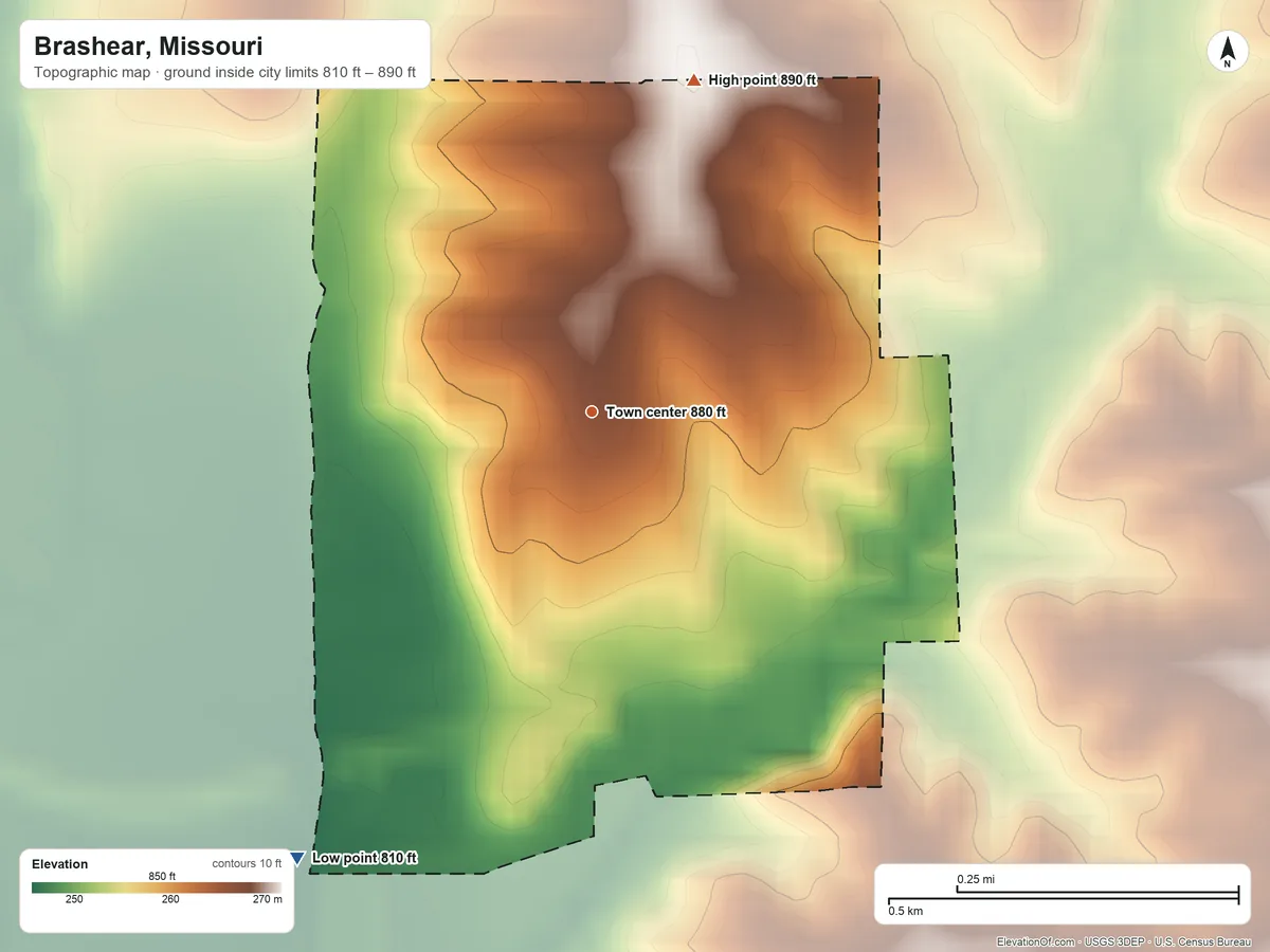 Topographic elevation map of Brashear, Missouri, shaded from 810 ft on the southwest side to 890 ft on the north side