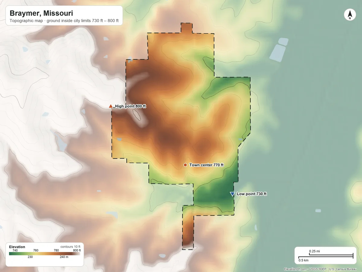 Topographic elevation map of Braymer, Missouri, shaded from 730 ft on the southeast side to 800 ft on the northwest side